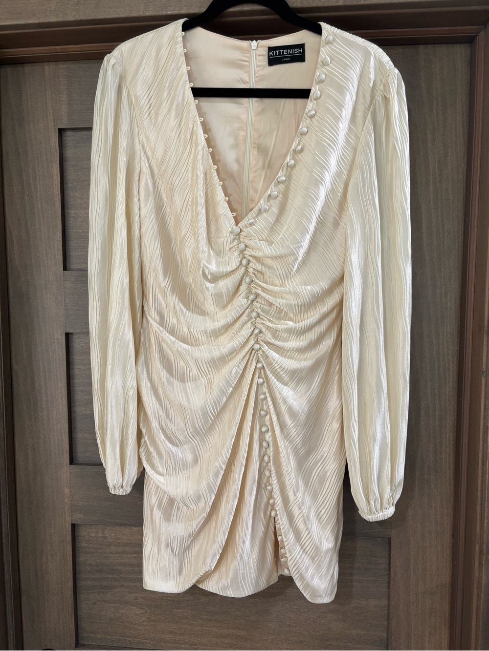 KITTENISH Ivory Ruched V‑Neck Mini Dress
